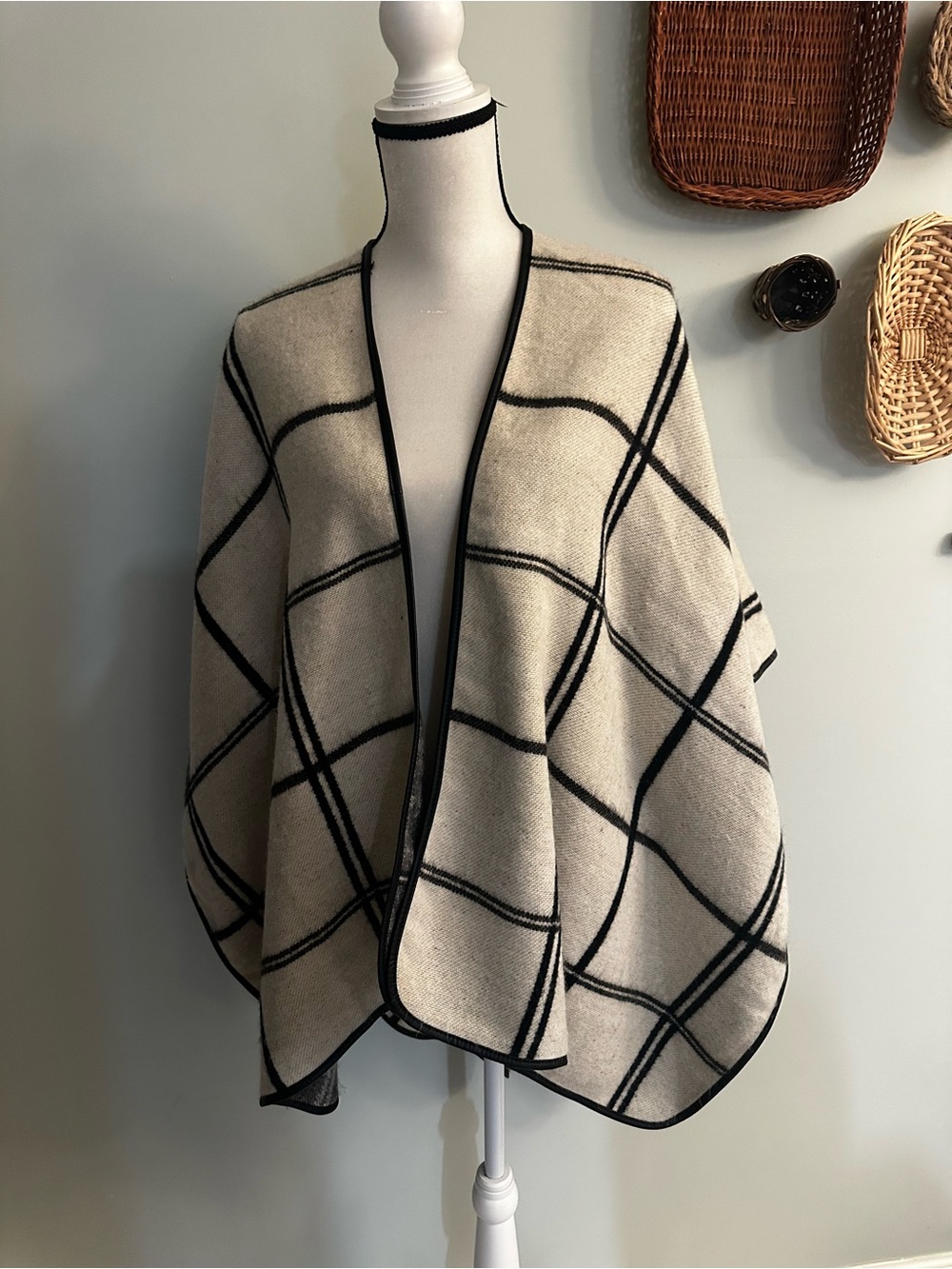 Cream and Black Windowpane Knit Wrap Sweater